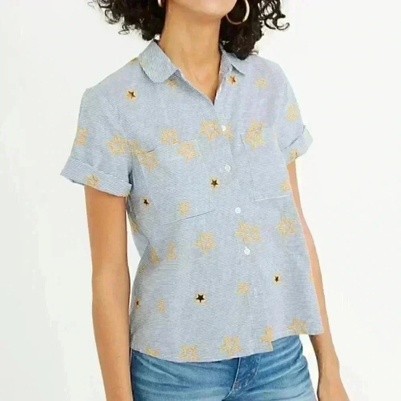 MadeWell  Star Embroidered Blouse size xs blue stripped w yellow ⭐️ - Picture 1 of 9